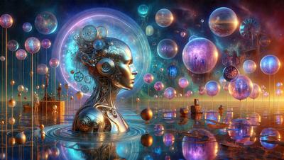 The primary subject of the image is a futuristic robotic head with a clock on its forehead. The robotic head is surrounded by a variety of colorful, glowing orbs, creating a visually striking scene. The setting appears to be a futuristic environment, possibly a space or an underwater world. The visual style of the image is digital art, as it features a combination of robotic and celestial elements, along with the vibrant colors of the orbs. The overall atmosphere of the image